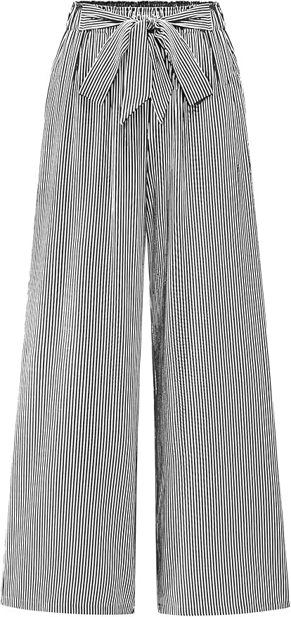 BTFBM Pants for Women 2026 Spring Clothes Striped High Waist Tie Knot Dressy Casual Wide Leg Pala... | Amazon (US)