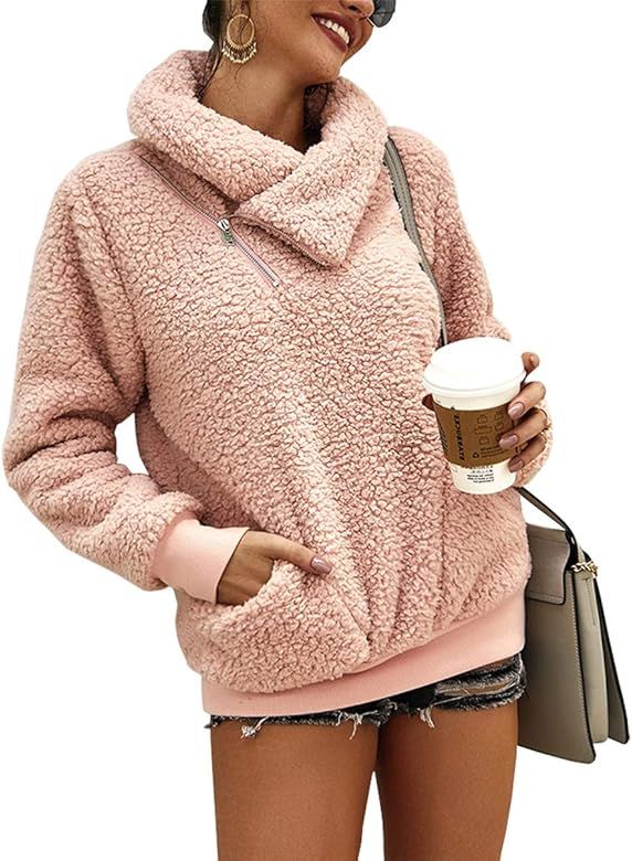 2019 Women’s Winter Lapel Sweatshirt Faux Shearling Shaggy Warm Leopard Pullover Zipped Up with... | Amazon (US)