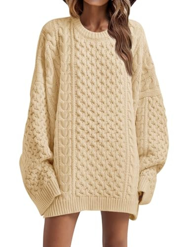 Saodimallsu Womens Oversized Sweaters Chunky Cable Knit Crewneck Long Sleeve Loose Tunic Sweater Tops Apricot | Amazon (US)