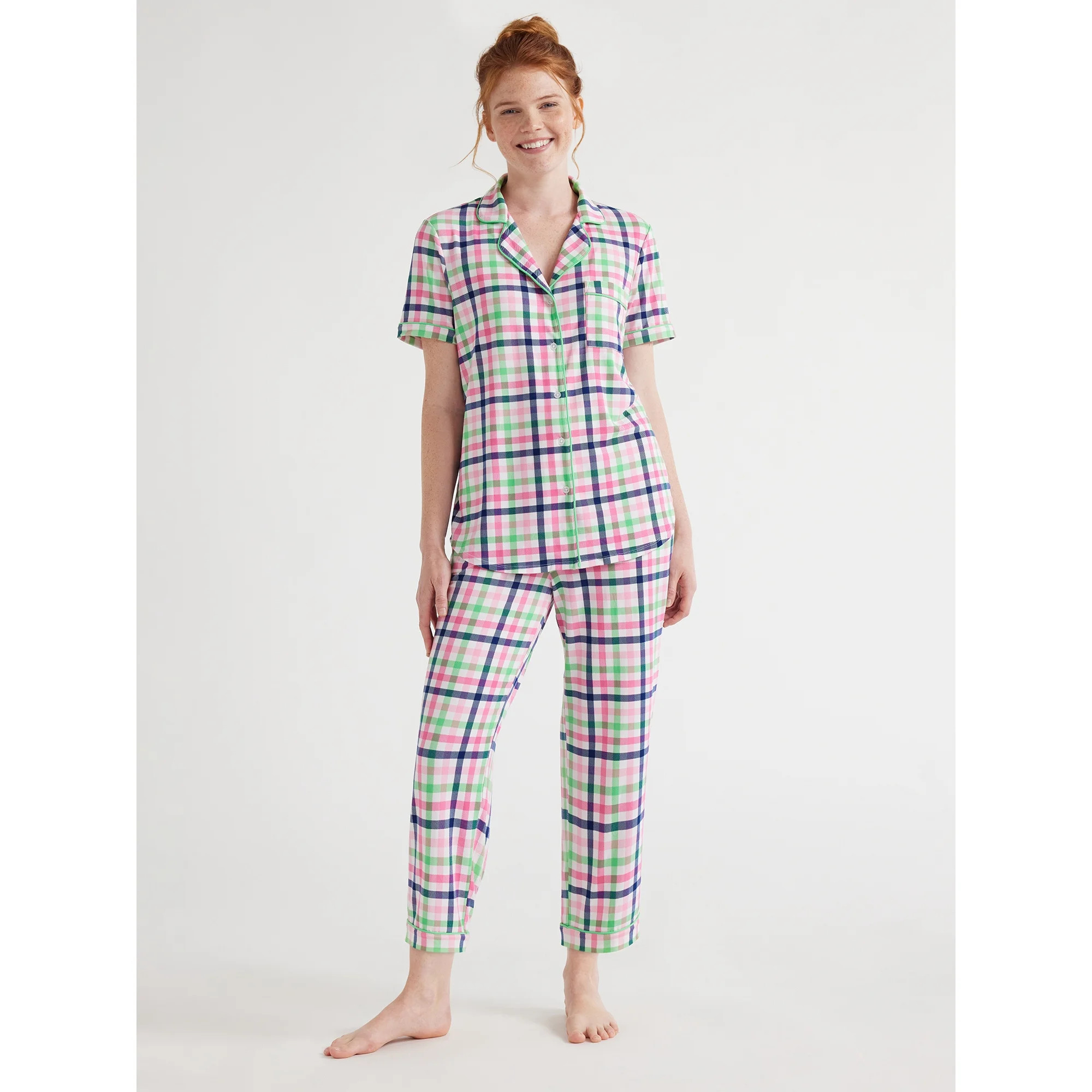 Joyspun Women's Knit Short Sleeve Notch Collar Top and Capri Pajama Set, 2-Piece, Sizes S to 3X | Walmart (US)