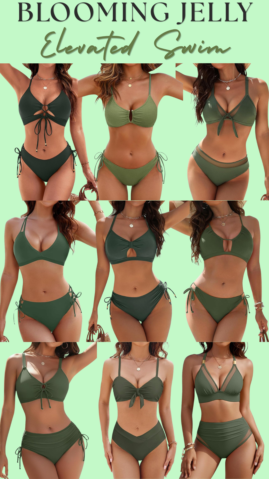 Blooming Jelly Green Bikinis | Elevated Swim Collection 🌱 

Blooming Jelly Elevated Swim = flattering, sculpting, and effortlessly elevated!

If you’ve been looking for swimwear that actually supports your chest, smooths your stomach, and doesn’t feel awkward or revealing… this is it.

Featuring:
Blooming Jelly bikini sets, high waisted bottoms, tie side bottoms, ruched tummy control bottoms, supportive bikini tops, push up tops, halter tops, triangle tops, cut out tops, and swim skirts / skorts

These sets are:
• flattering + sculpting (tummy control without digging in)
• supportive tops (actually hold everything in, no slipping)
• adjustable fits (tie sides + straps = customizable sizing)
• cheeky to full coverage options (you control the vibe)

The earthy tones (matcha, olive, sage, moss, eucalyptus) are clean, minimal, and PERFECT for vacation.

Perfect for:
• beach days & pool days ☀️
• vacation outfits & resort wear
• cruises & tropical getaways 🌴
• bachelorette parties & girls trips
• summer parties & day drinking fits
• hot girl beach walks

You can mix and match all of these pieces—bikini + skirt, high waisted + halter, sporty + sexy. One set = multiple outfits.

If you’ve struggled with swimsuits being see-through, not supportive, or just not flattering… these fix ALL of that.

Confidence boosting, adjustable, and actually made to fit your body.

↓ Everything is linked! 

 

#LTKSeasonal #LTKSaleAlert #LTKSwim