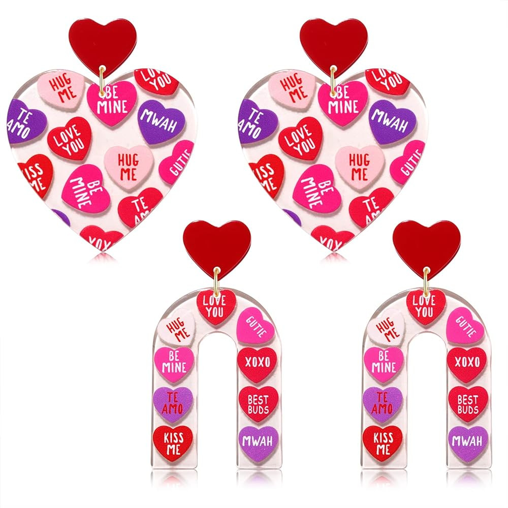 Valentine's Day Earrings Acrylic Heart Rainbow Dangle Earrings Red Pink Love Statement Earrings H... | Amazon (US)