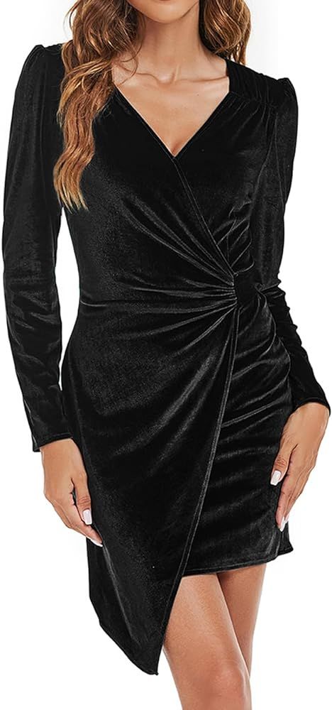 LEIYEE Womens Wrap V Neck Velvet Dress Puff Long Sleeve Fall Winter Wedding Guest Cocktail Party ... | Amazon (US)