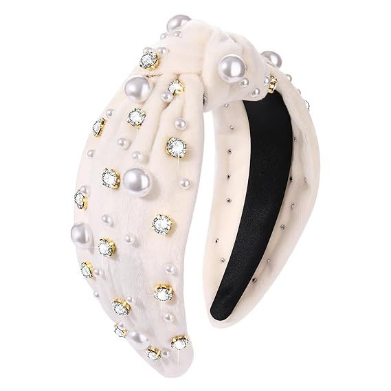 Pearl Knotted Headband for Women White Pearl Rhinestone Crystal Jeweled Hairband Fashion Elegant ... | Amazon (US)