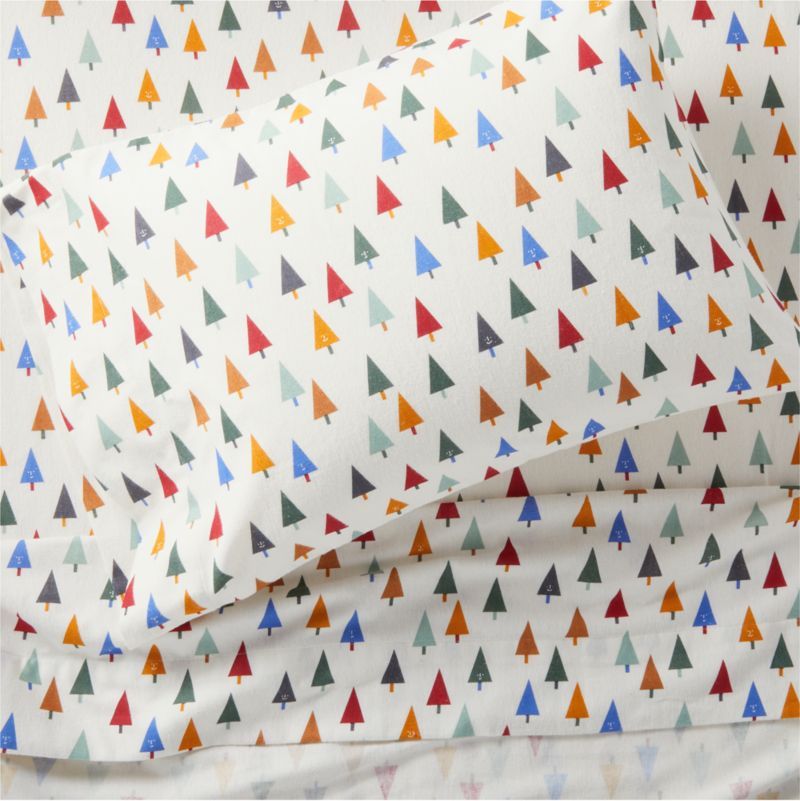 Happy Christmas Tree Kids Organic Flannel Twin Colorful Sheet Set | Crate & Kids | Crate & Barrel