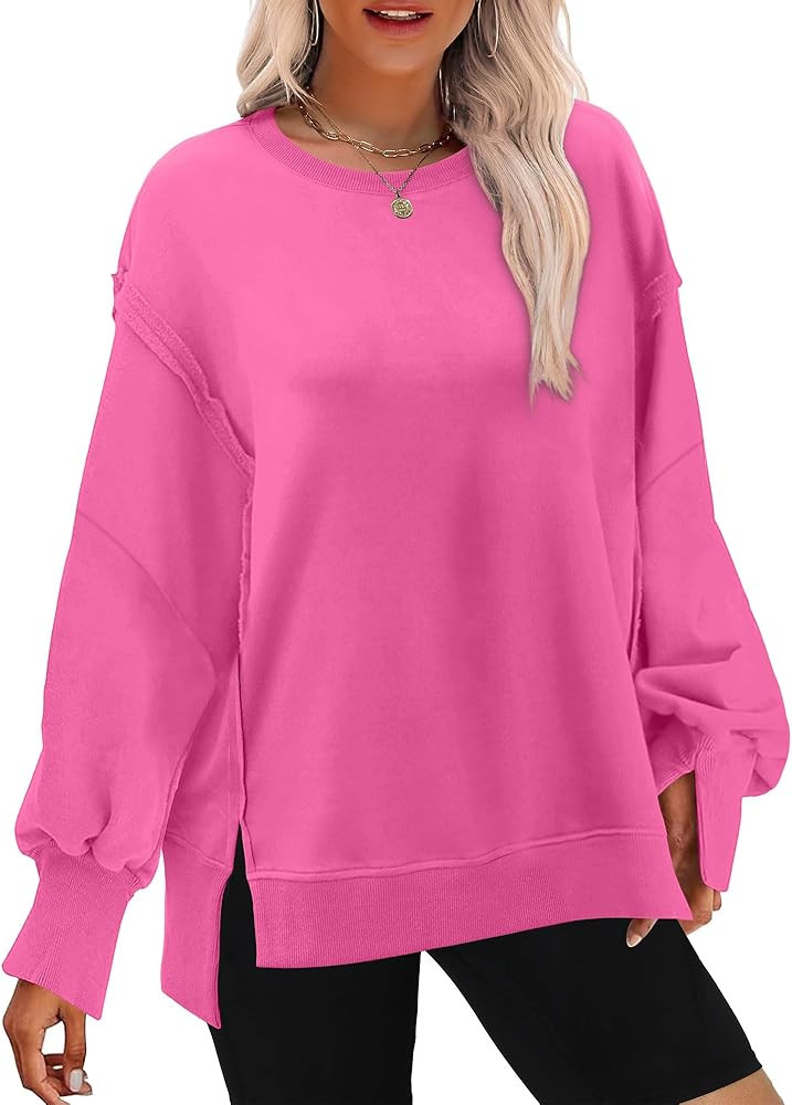XIEERDUO Womens Oversized Sweatshirt Crewneck Sweatshirts Long Sleeve Tops Casual Side Split | Amazon (US)