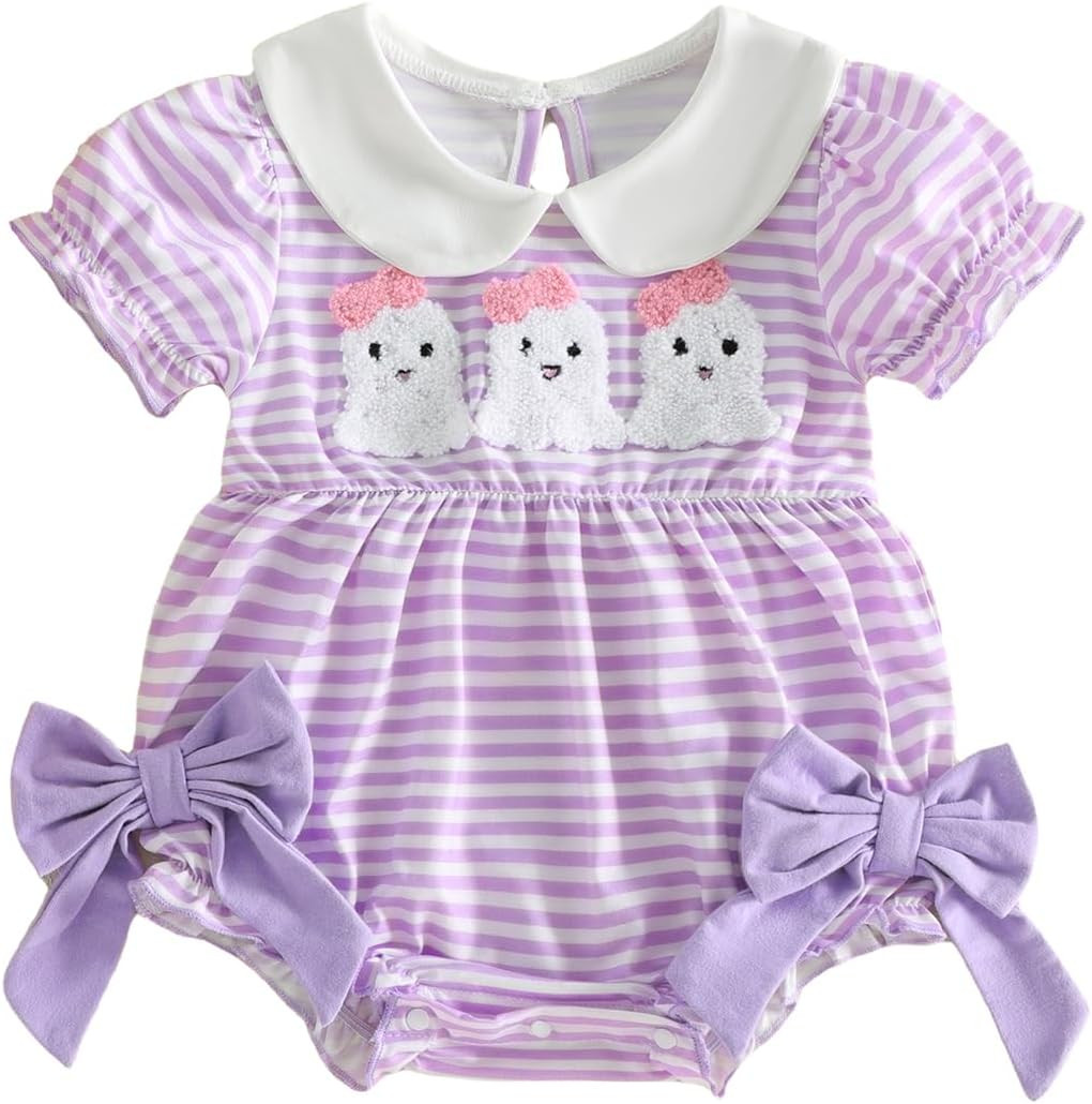 Baby Girl Halloween Outfit Ghost Embroidery Bubble Romper Short Sleeve Striped Jumpsuit Infant Cute Clothes | Amazon (US)