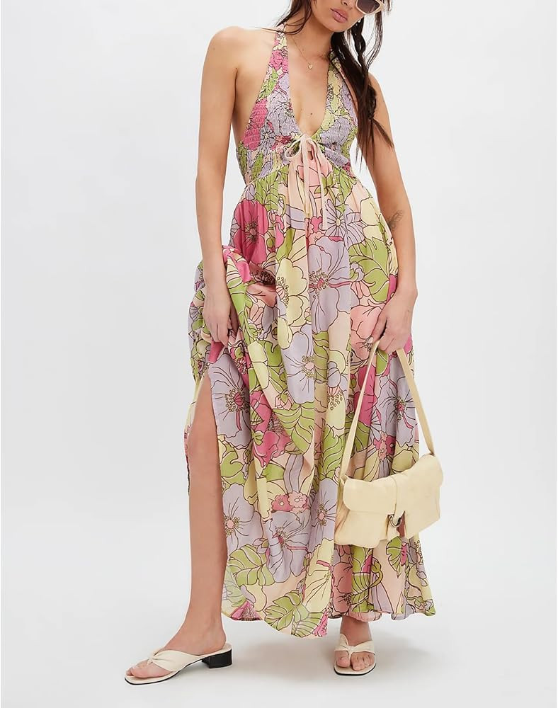 Amiblvowa Women Floral Maxi Dress Sexy Sleeveless Backless A-Line Long Flowy Dress Back Cut Out S... | Amazon (US)