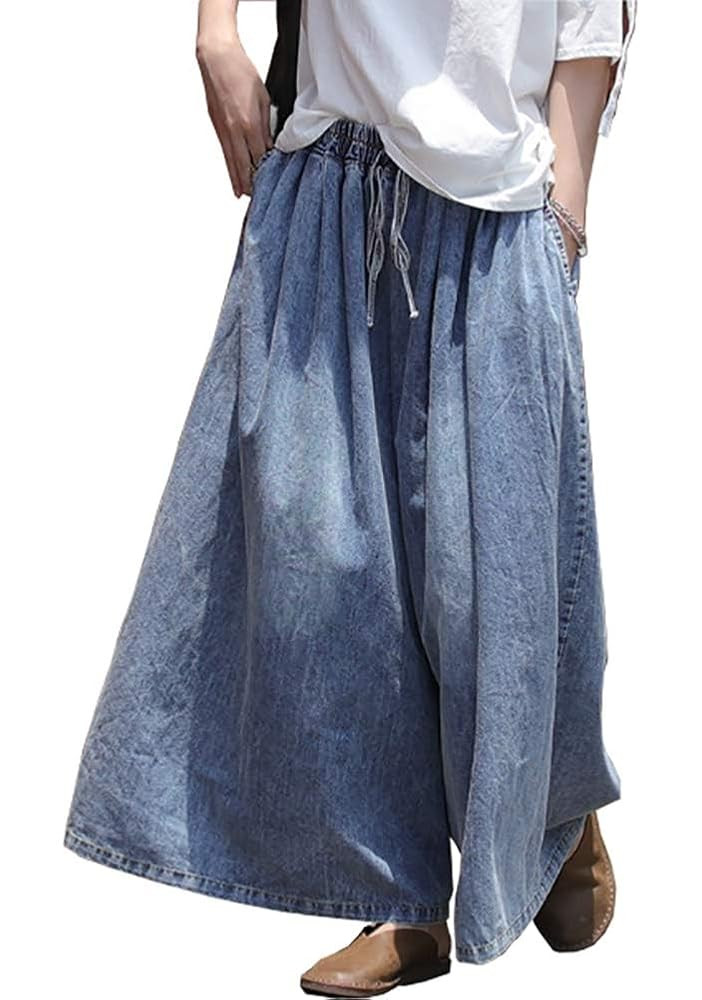 Extra Wide Leg Denim Pants for Women Long Jeans Elastic Waist with Pockets Plus Size Loose Casual | Amazon (US)