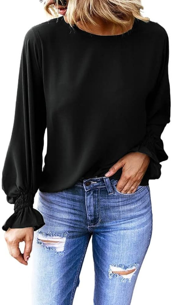Dokotoo Womens 2023 Summer Long Sleeve Ruffle Bubble Sleeve Casual Loose Shirts Tops and Blouses | Amazon (US)
