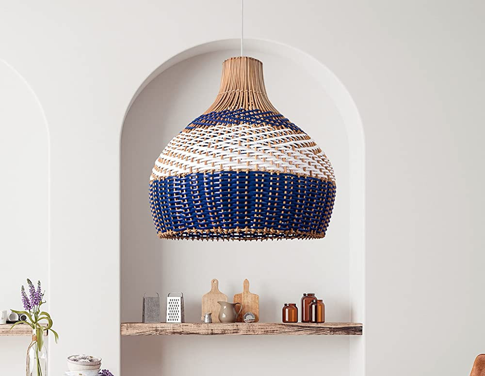 MAY COTTAGE Boho Rattan Light Fixture - 16” Navy & White Hanging Woven lamp shade, Traditional Handm | Amazon (US)