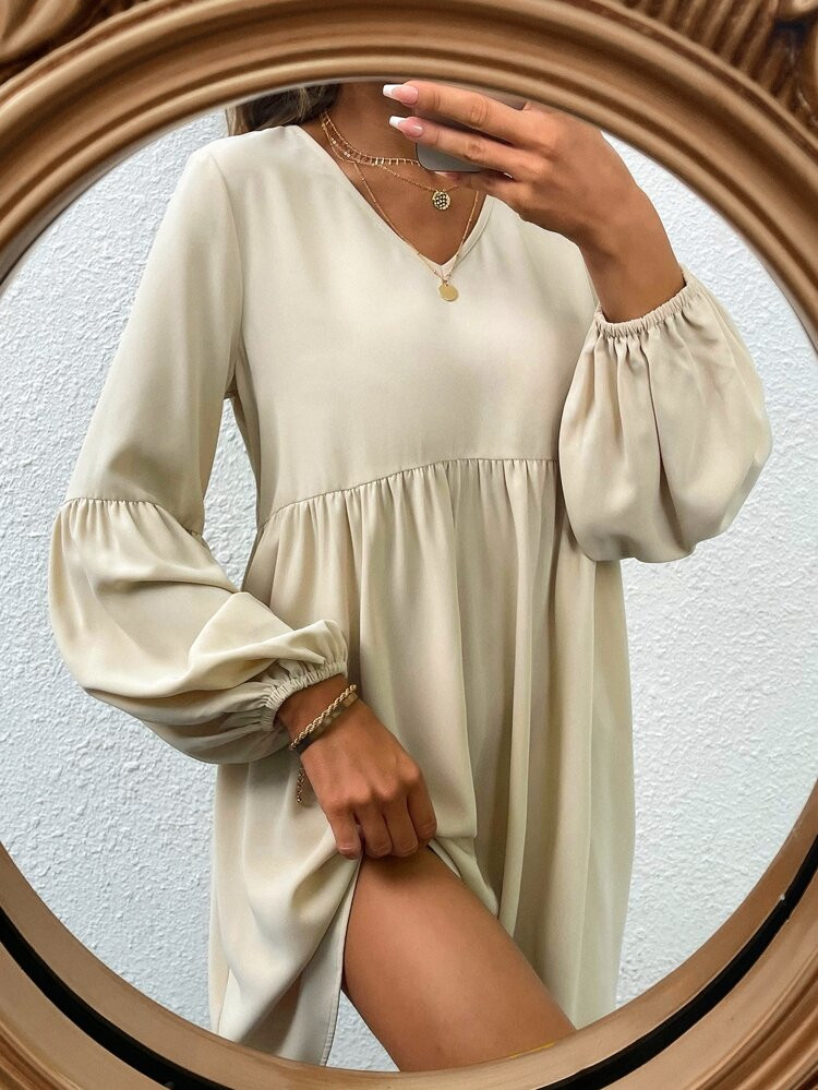 Lantern Sleeve V Neck Smock Dress | SHEIN