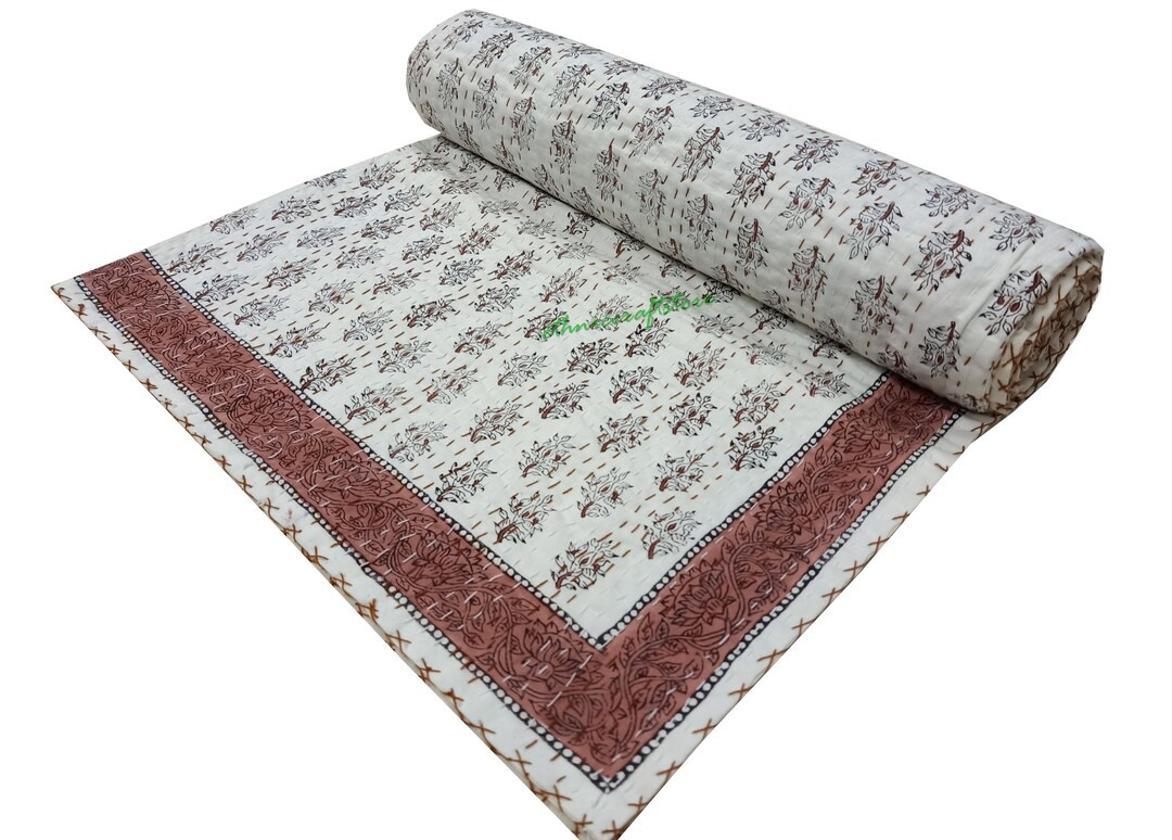 Hand Block Print Kantha Queen Size Kantha Quilt Cotton Bedspread King Size Boho Hippie Quilted Ka... | Etsy (US)