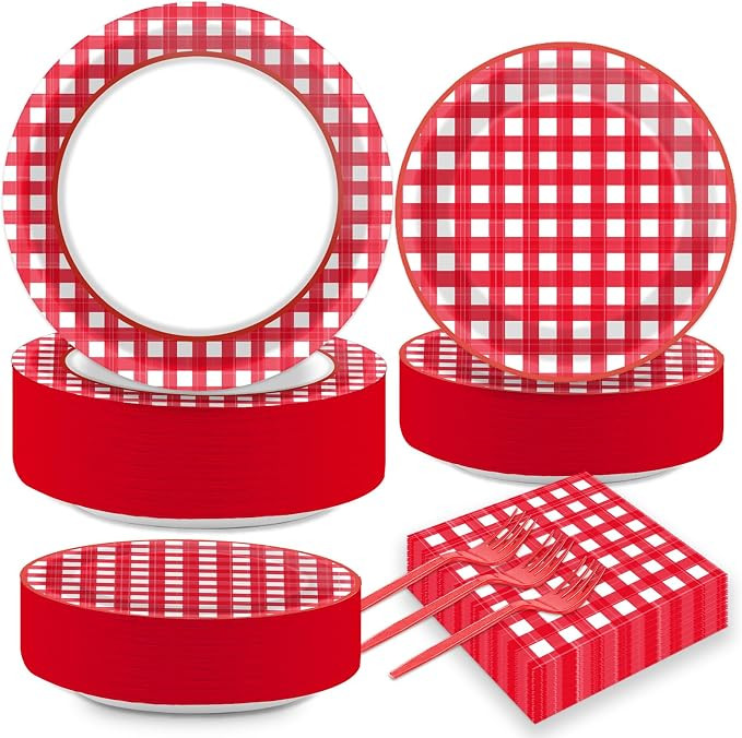 200pcs Red and White Plates Napkins Checkered Plaid Paper Tableware Set Cake Dessert Disposable D... | Amazon (US)