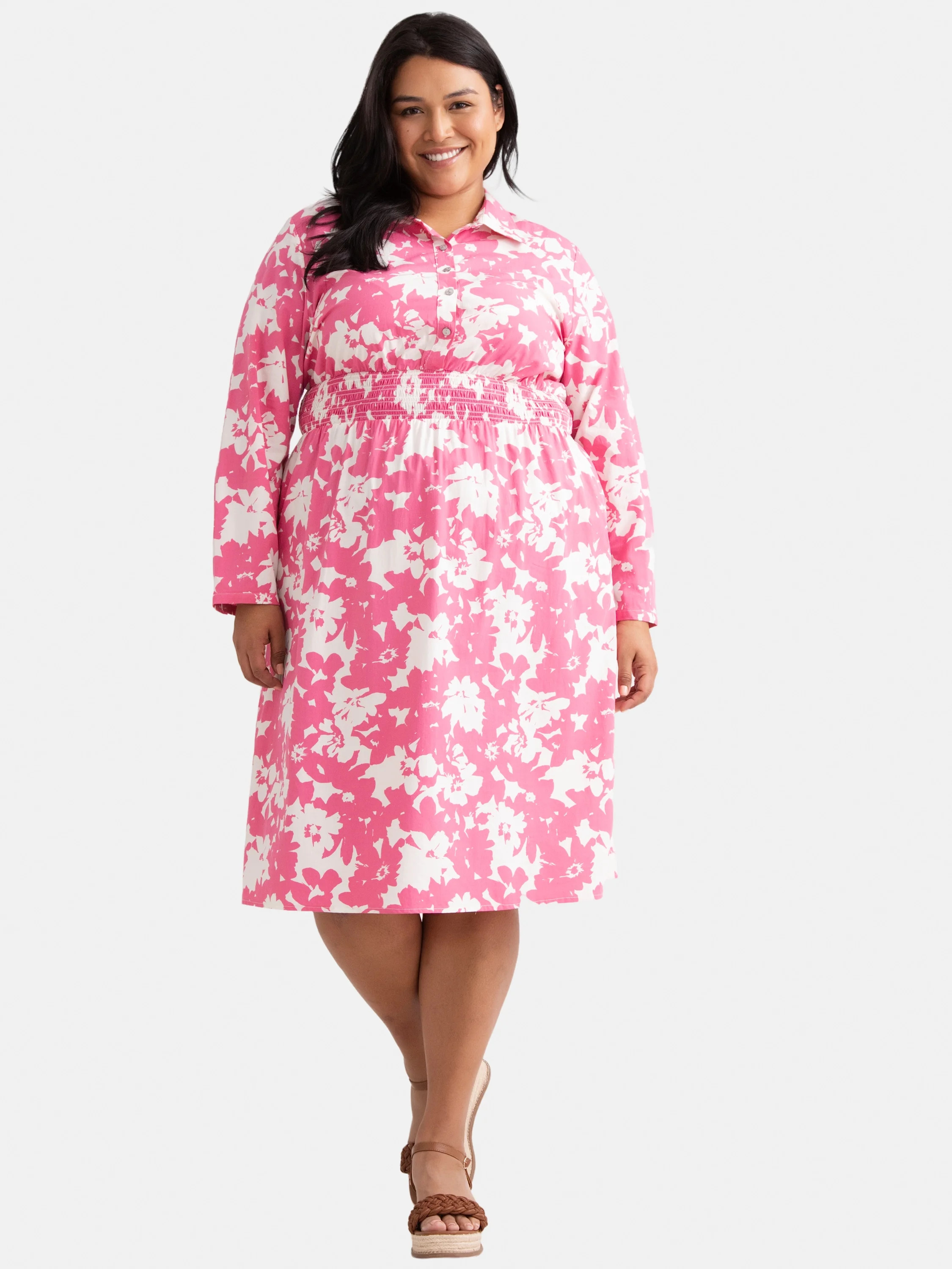 Time and Tru Women's and Women's Plus Midi Shirtdress with Long Sleeves, Sizes XS-4X | Walmart (US)