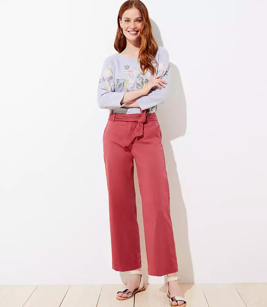 Sateen Tie Waist Wide Leg Pants | LOFT