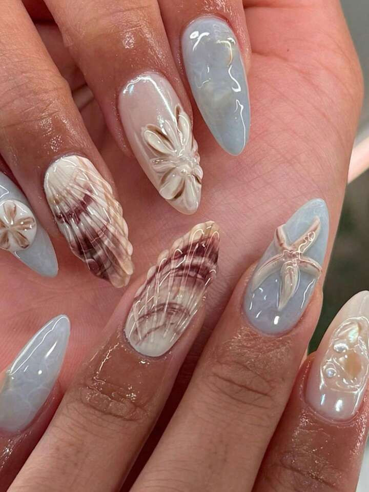 Instantly Upgrade Your Look With 24pcs Almond Square Press On Nails Set Summer Ocean Style Fresh ... | SHEIN