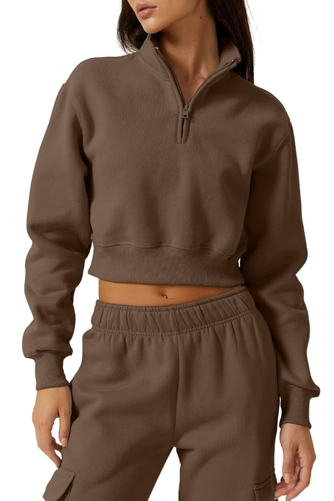 QINSEN Womens Half Zip Crop Sweatshirt High Neck Long Sleeve Pullover Cropped Top | Amazon (US)