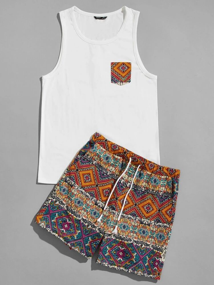 SHEIN Men Patch Pocket Tank Top & Geo Shorts Set | SHEIN