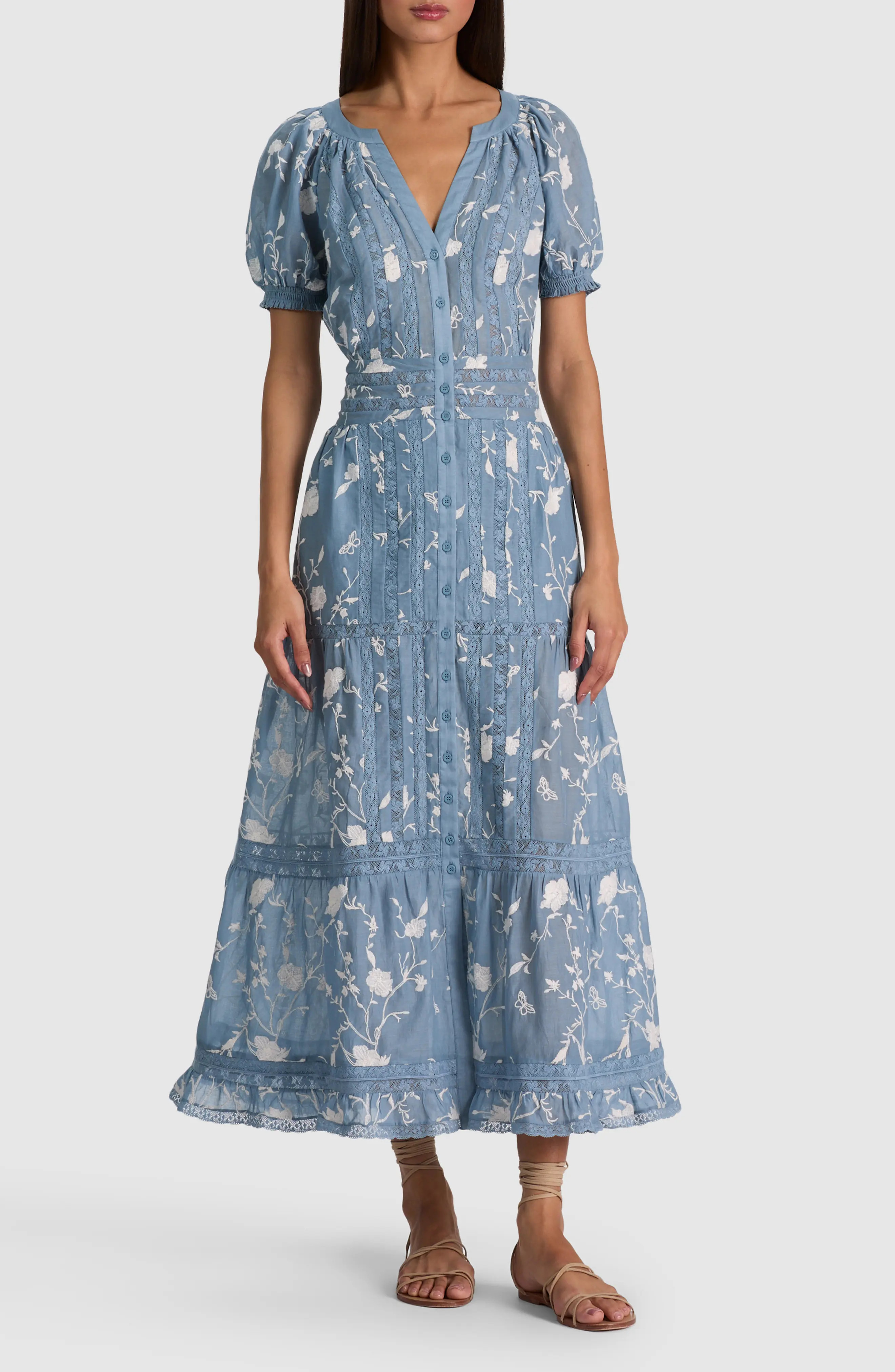 Alice + Olivia Kathryn Lace Trim Cotton Midi Shirtdress in Deep Denim Blue/vanilla at Nordstrom, Size Large | Nordstrom