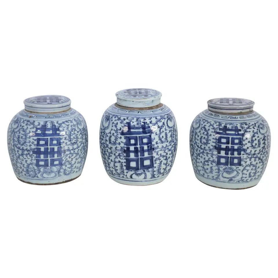 Chinese White and Blue Character Lidded Ginger Jar Vases | 1stDibs