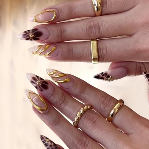 Brown Flower Press on Nails Leopard Fake Nails Medium Almond False Nails with Gold Design Nude Glue on Nails Glossy Artificial Acrylic Full Cover Stick on Nails for Women Manicure 24Pcs | Amazon (US)