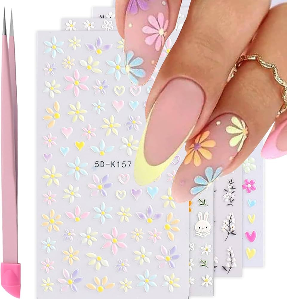 Flower Nail Art Stickers - 5D Embossed, Spring/Summer Daisy Designs, Self-Adhesive Decals for Wom... | Amazon (US)