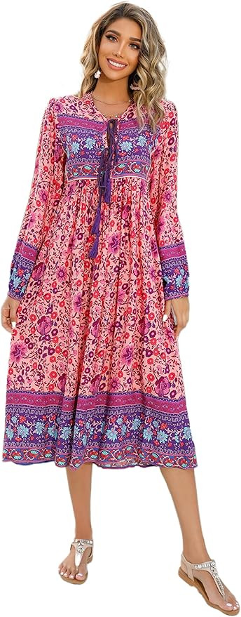 R.Vivimos Women's Long Sleeve Floral Print Retro V Neck Tassel Bohemian Midi Dresses | Amazon (US)
