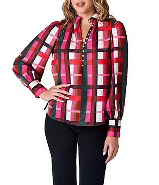 CROSBY by Mollie Burch Leland Holiday Plaid Print Stand Split V Collar Top - XL | Dillard's