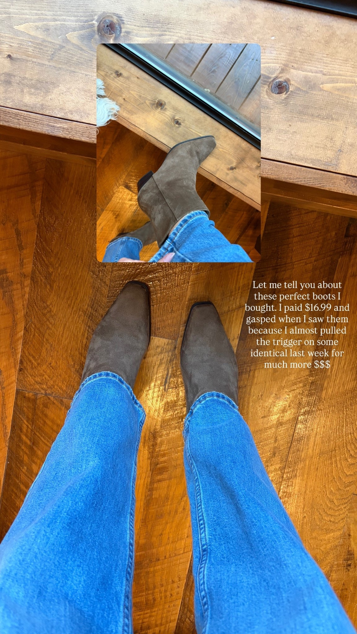 The most perfect suede booties in a beautiful brown color. I sized down one in these. They are nearly identical to a much more expensive brand, & so comfy! Wearing my true size in the jeans. 

#LTKSeasonal #LTKSaleAlert #LTKootd