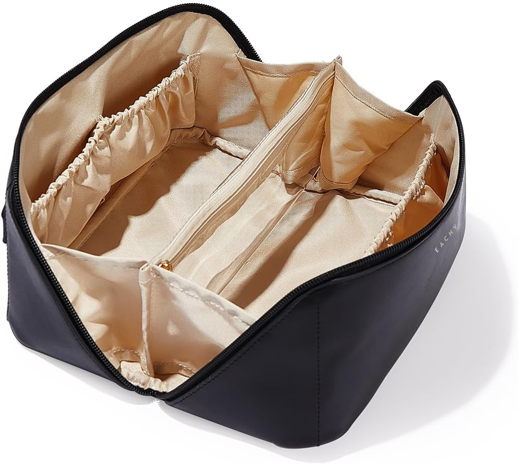 EACHY Travel Makeup Bag for Women, PU Leather Cosmetic Bag, Black, Medium | Amazon (US)