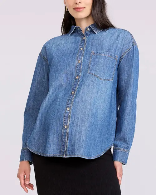MOTHERHOOD MATERNITY Long Sleeve Button-Up Denim Shirt in Medium Wash at Nordstrom, Size X-Small | Nordstrom