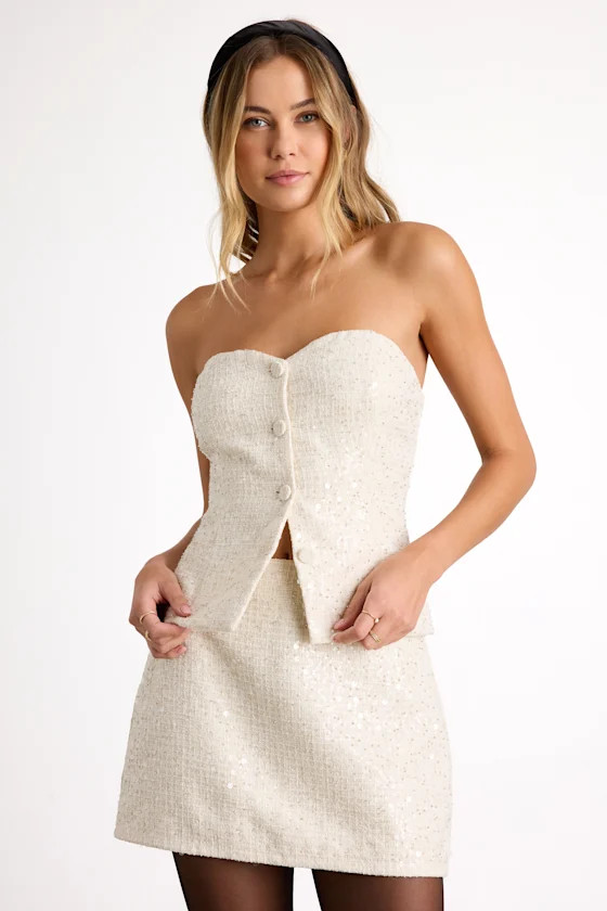 Brionee Ivory Tweed Sequin Mini Skirt | Lulus