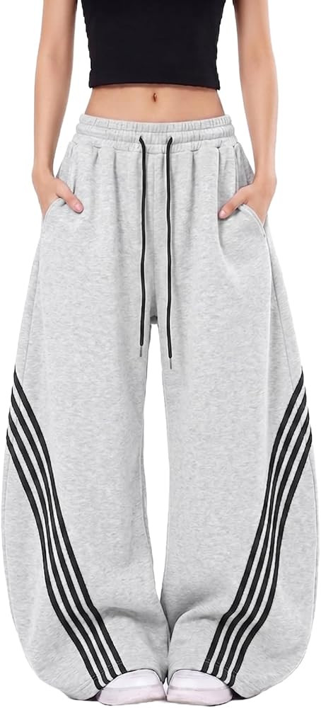 EMMIOL Women\u2019s Y2K Baggy Barrel Striped Sweatpants, High Waisted Wide Leg Pants, Joggers wit... | Amazon (US)