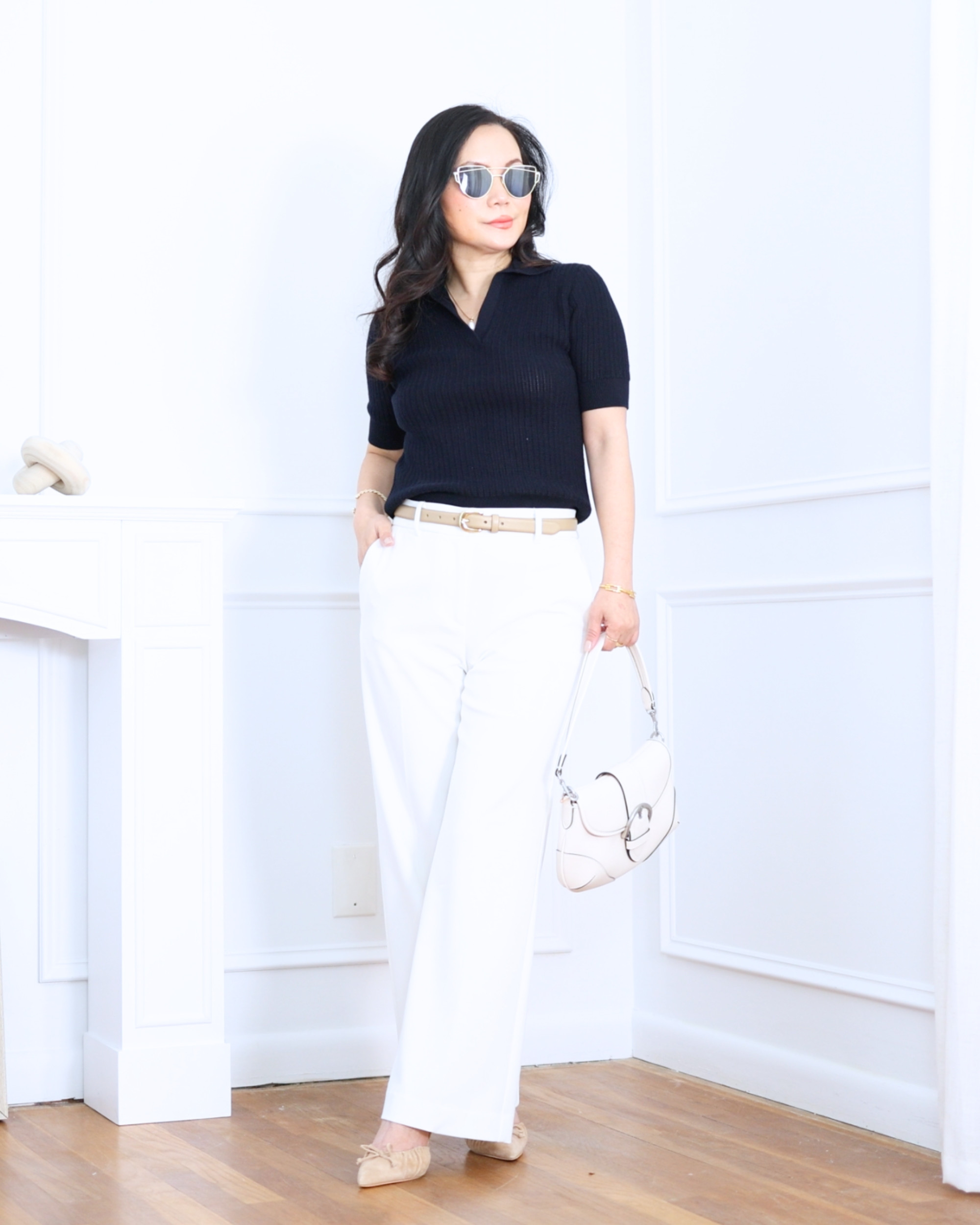 V-neck top from Uniqlo paired with white pants from Ann Taylor — simple, clean, and effortlessly polished. An easy outfit that feels fresh, comfortable, and timeless for any day of the week. I'm 5'2, wearing size S. 

 #LTKootd #LTKOver40 #LTKPetite