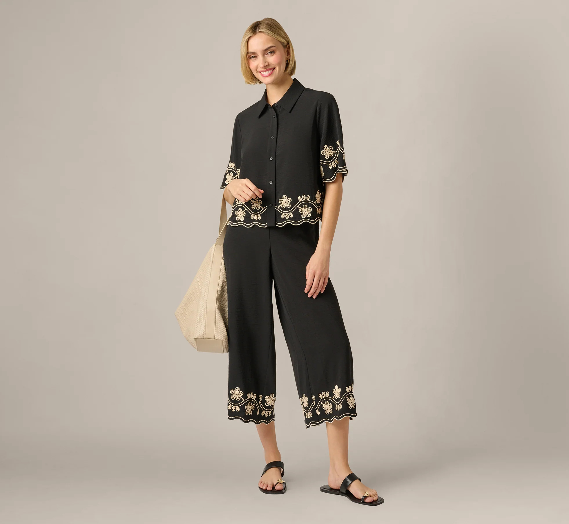 Black Scalloped Floral Embroidery Cropped Pant - Adrianna Papell | Adrianna Papell