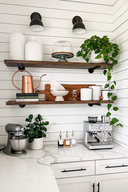 In home coffee bar coffee station open shelving shelf styling kitchen shelves vases cake plate wooden bowls cutting board charcuterie white canister set stand mixer espresso machine coffee maker syrup bottles honey dispenser amazon target hearth and hand creative co-op Gevi favorites and finds home decor 

#LTKstyletip #LTKFind #LTKhome