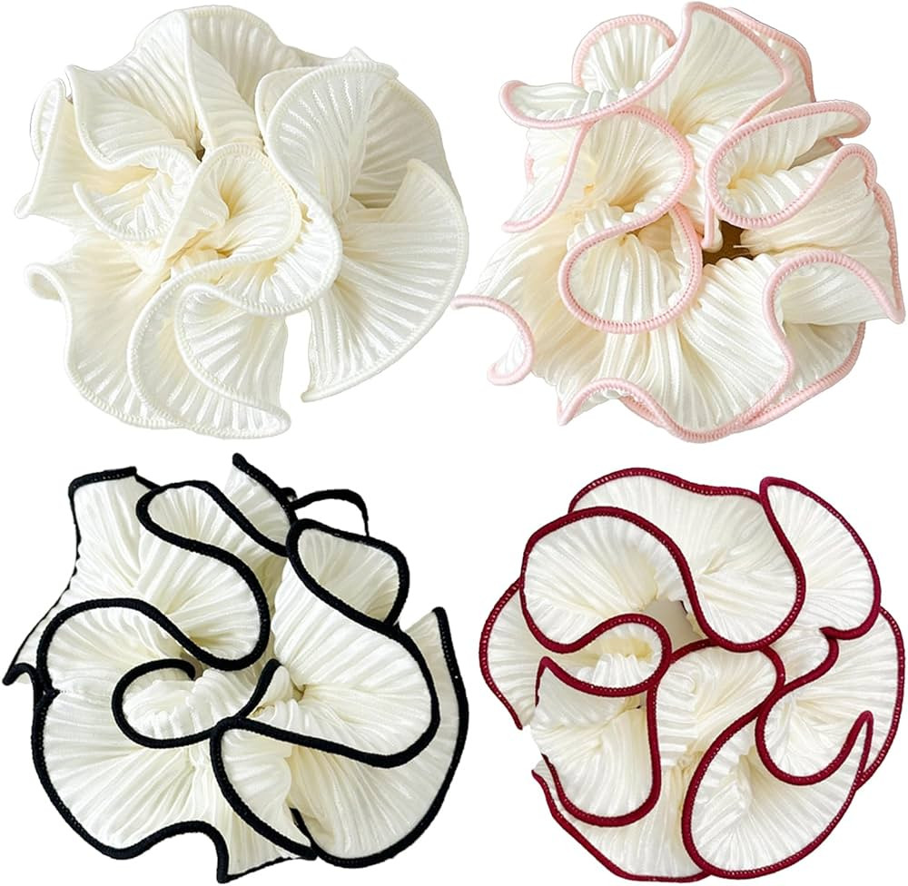 4 Pack Oversized Puffy Hair Scrunchies, 4.72 Inch Double Layer Pleated Ruffle Design, White with ... | Amazon (US)