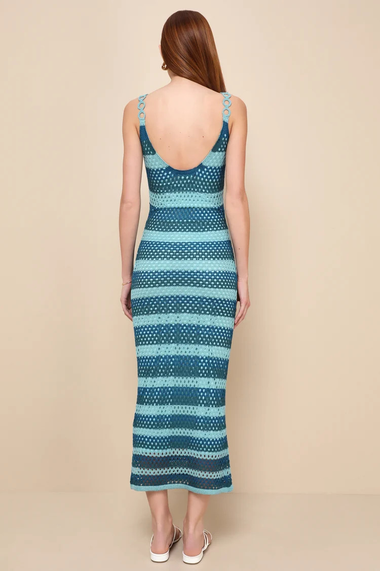 Picturesque Summer Teal Blue Striped Crochet Midi Dress | Lulus