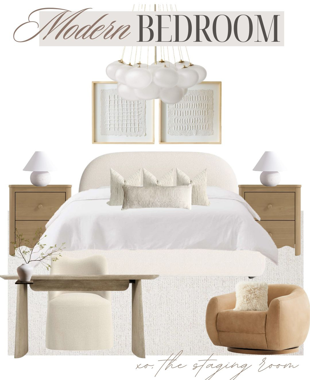 Modern Bedroom - beautiful Boucle platform low bed, scalloped nightstands and a small writing desk for your morning/evening journaling ✨

——

#bedroomrefresh #platformbed #bouclebed #bedroomdecor #bedroomrug #bedroominspo #moodboard #explore
 