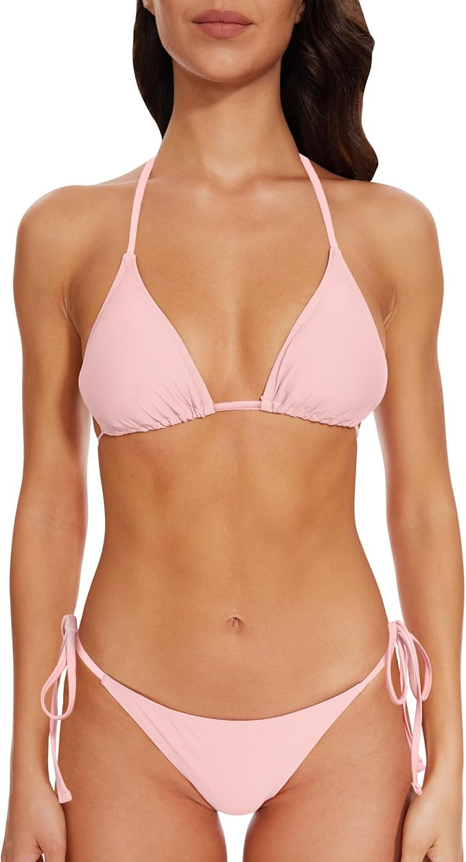 Women Two Piece Bikini Swimsuit Halter Triangle Top, String Tie Side Sexy Swimwear Bathing Suits | Amazon (US)