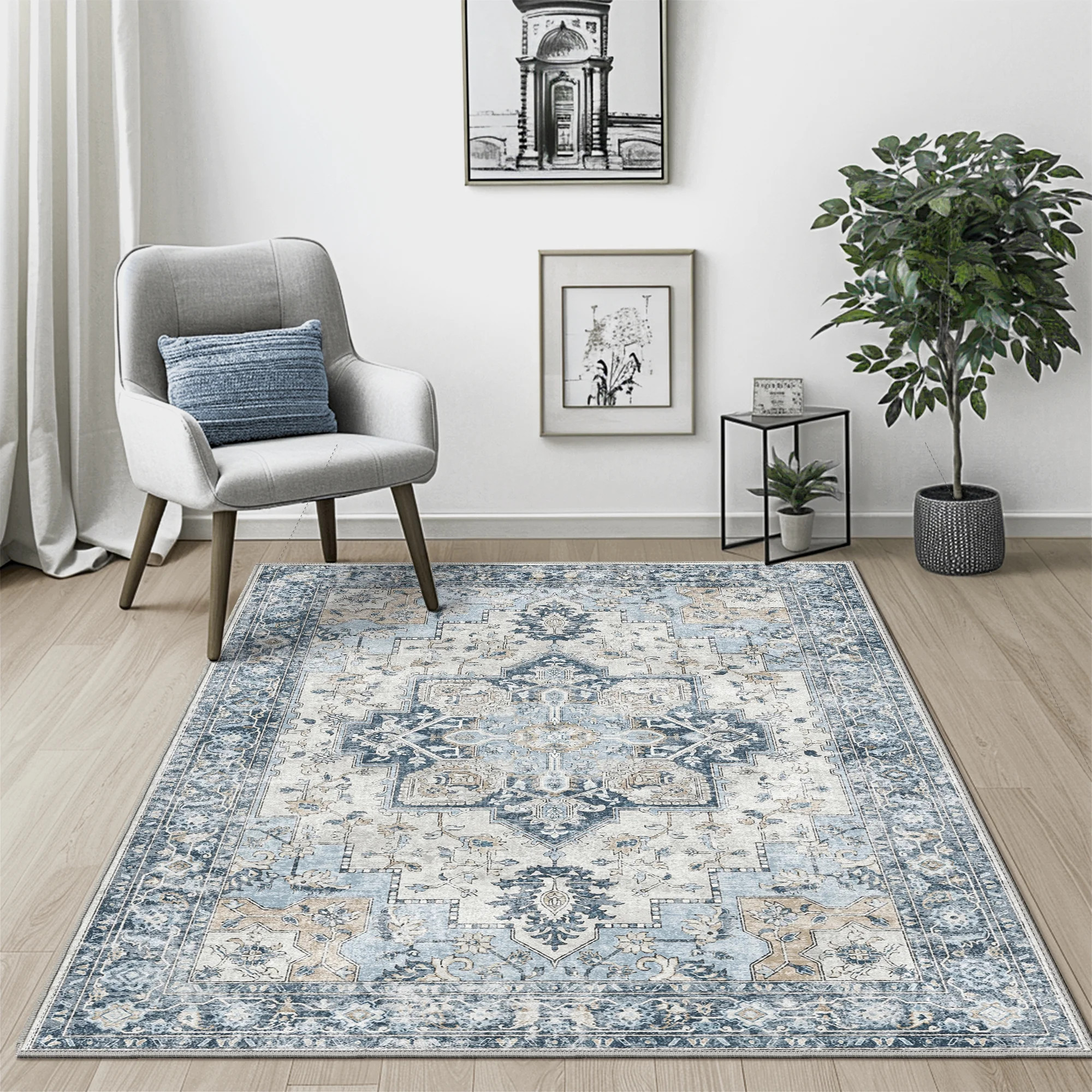 KUETH Modern 5x7 Area Rugs for Living Room, Non Slip Machine Washable Retro Rugs, Low Pile Chenil... | Walmart (US)