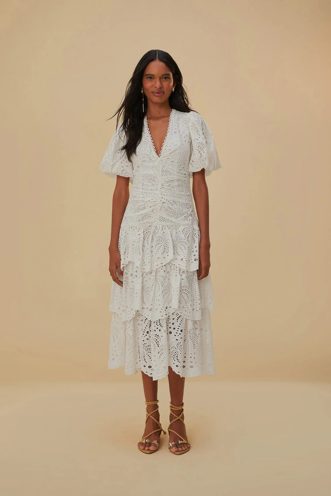 White Cotton Eyelet Puff Sleeve Midi Dress | FarmRio (US)
