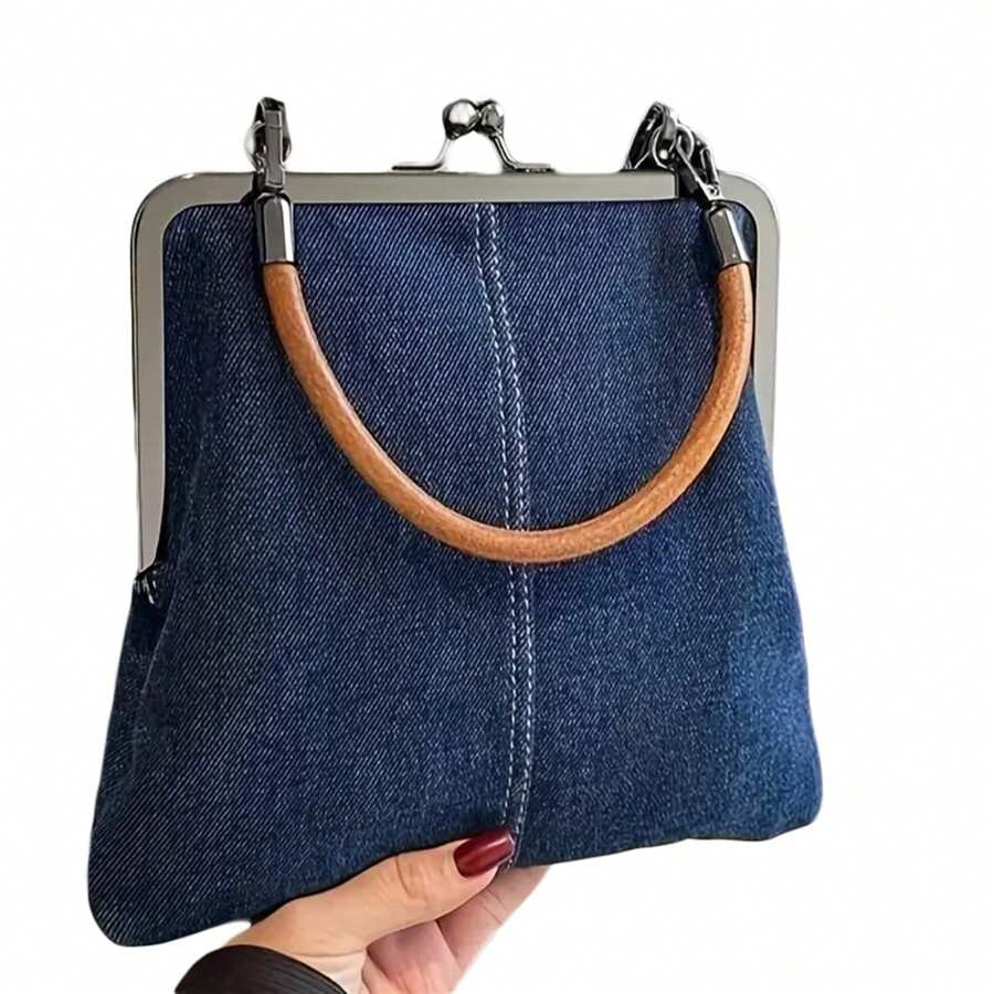 Women's Vintage Denim Handbag With Kiss Lock Clasp - Portable Coin Purse Bag For Outdoor Beach We... | SHEIN