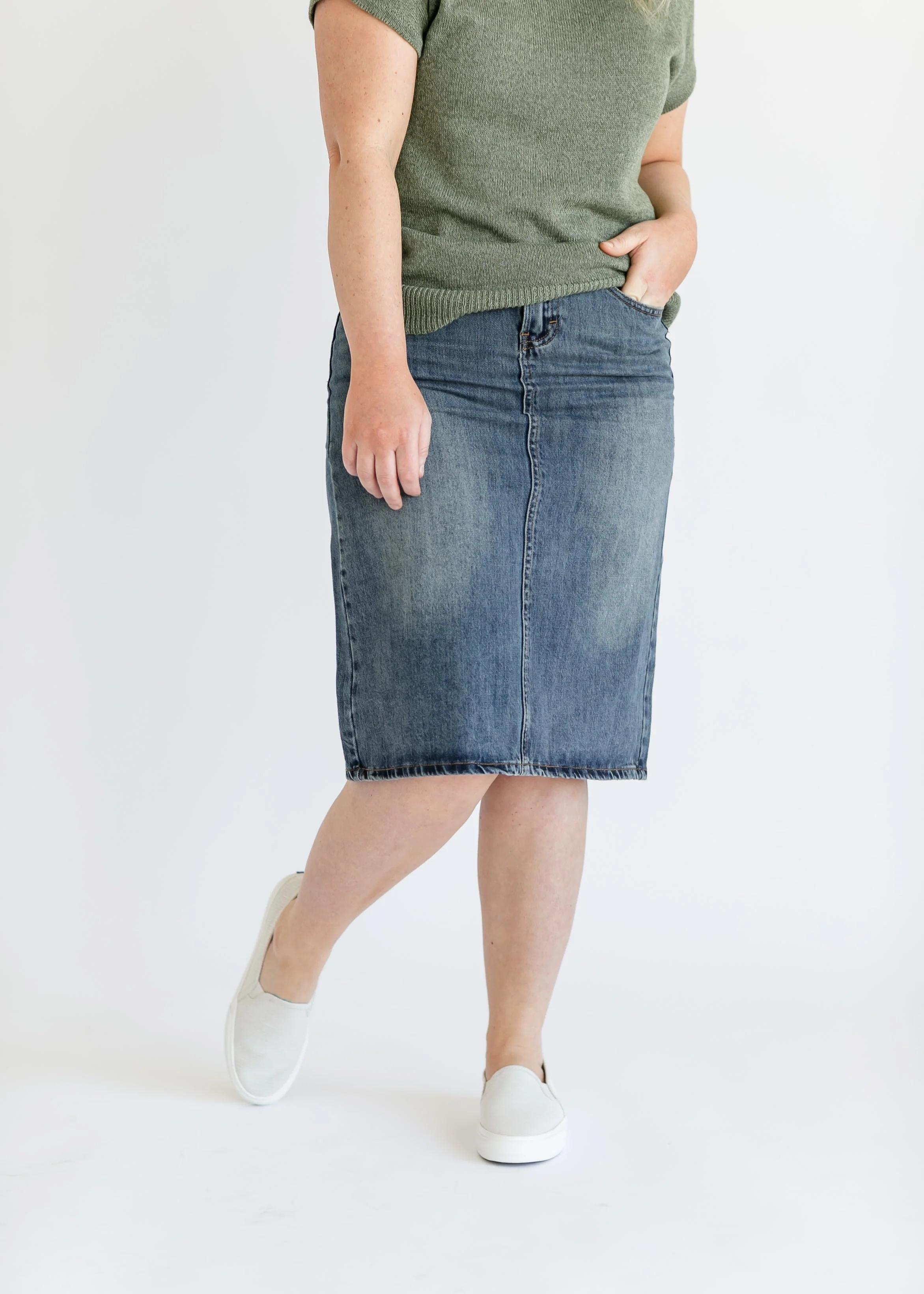 Elliot Dark Wash Midi Skirt | Inherit Clothing Co.