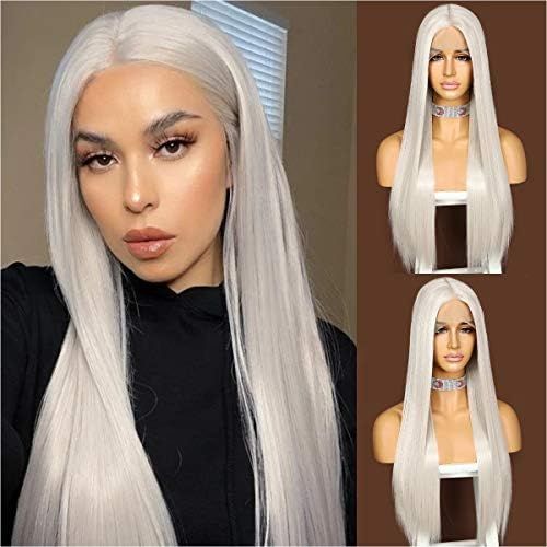 Sapphirewigs Gray Silvery White Color Kanekalon Futura Hair Deep T-part Lace Front Wig Long Strai... | Amazon (US)
