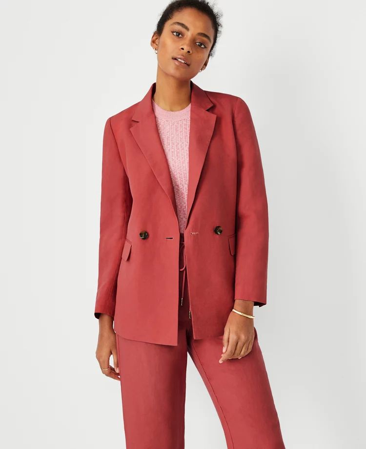Linen Blend Relaxed Double Breasted Long Blazer | Ann Taylor (US)