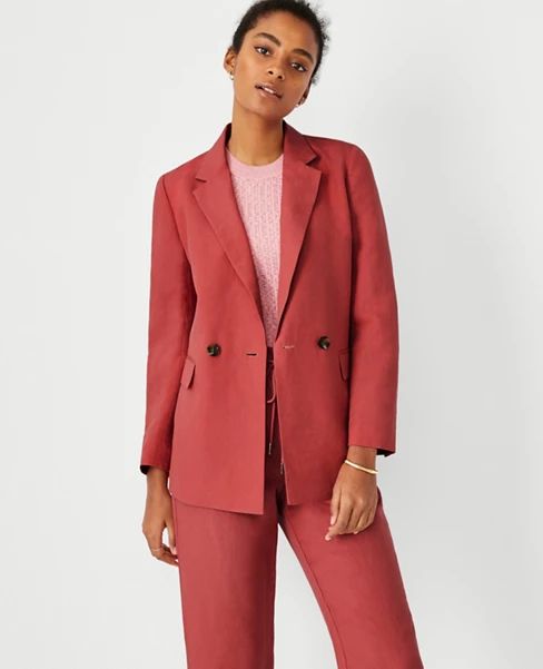 Linen Blend Relaxed Double Breasted Long Blazer | Ann Taylor (US)