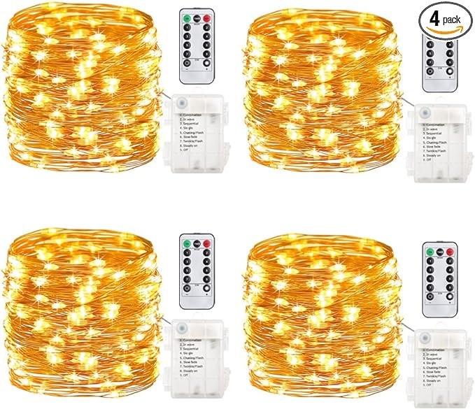 GDEALER 4 Pack 16.4 Feet 50 Led Fairy Lights Battery Operated with Remote Control Timer Waterproo... | Amazon (US)