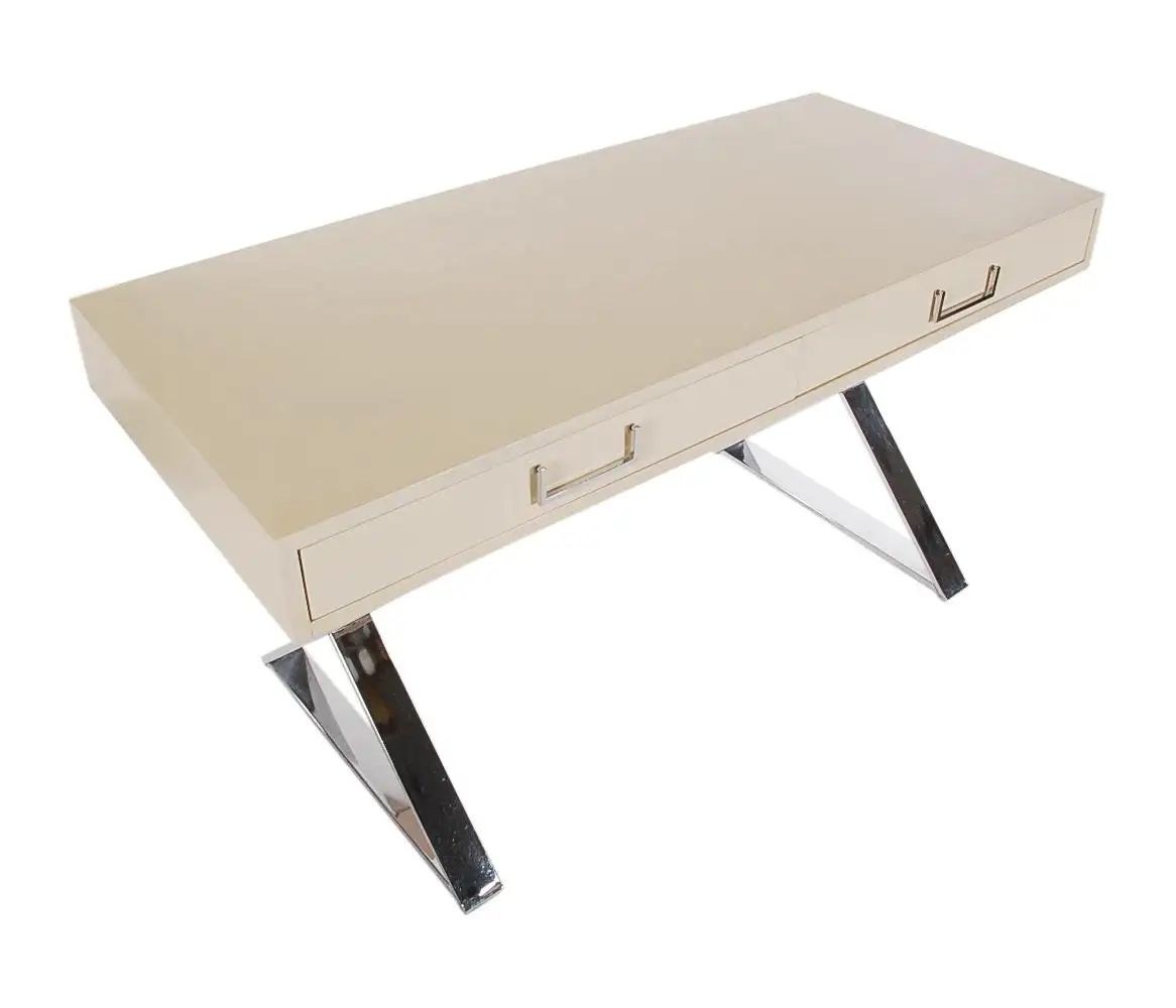 Mid-Century Modern X-Base Campaign Desk by Milo Baughman in Off-White Lacquer | 1stDibs